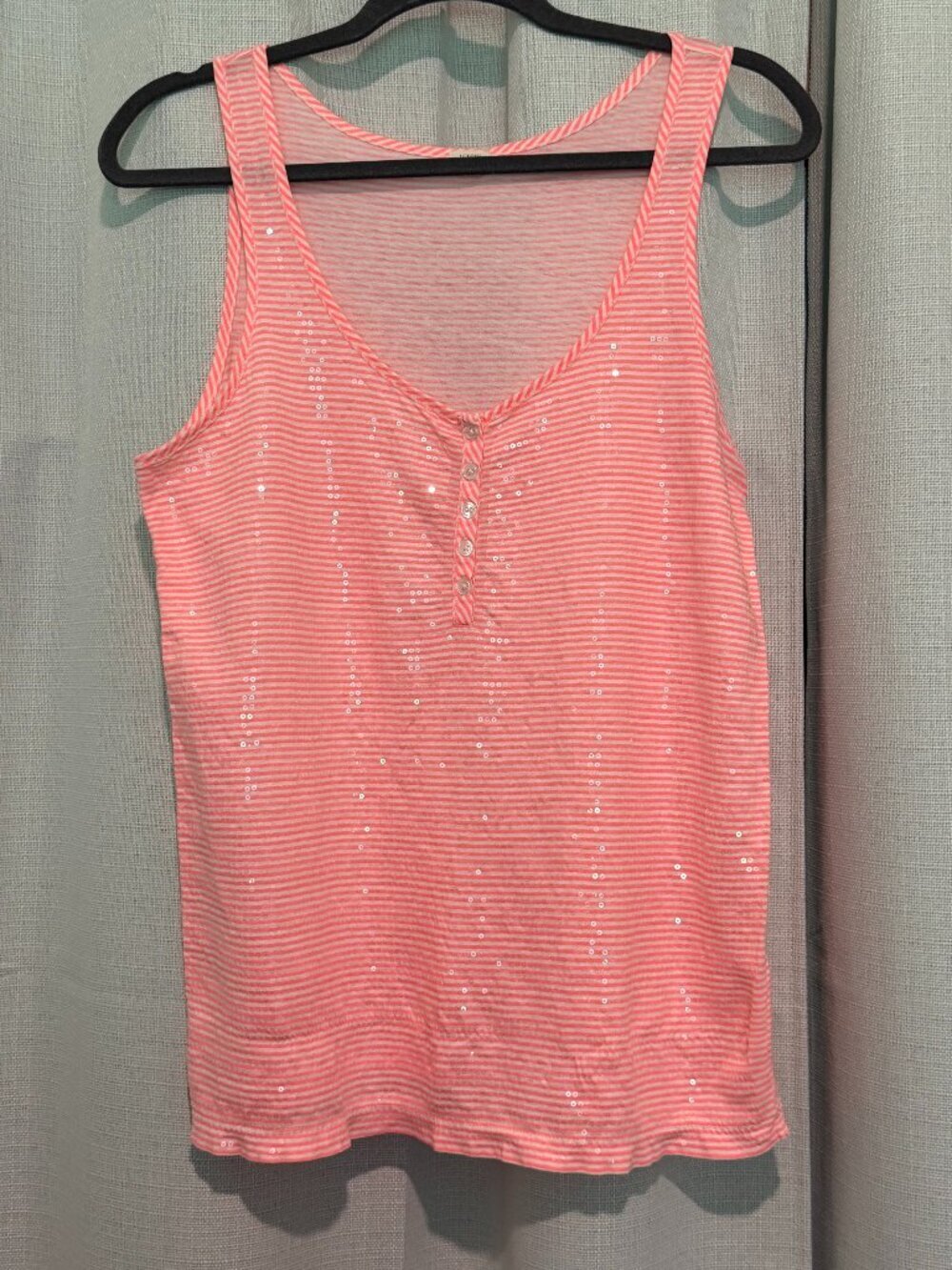 J. Crew Pink Striped Sequin Henley Tank Top Size L Cotton Summer